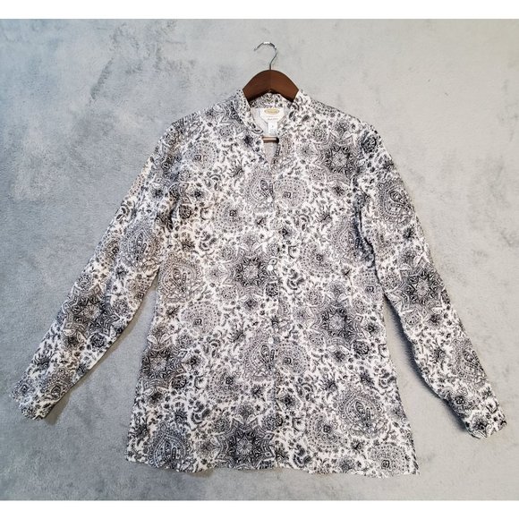 Talbots Women's 4 Black White Paisley Irish Linen Long Sleeve Button Front Top - Picture 4 of 9